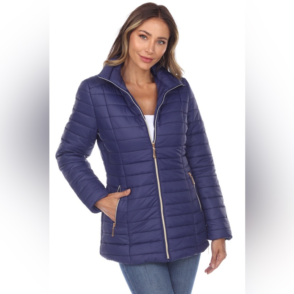 NWT White Mark Warm Puffer Coat Womens Size XL Navy Blue Full Zip Up & Side Zip